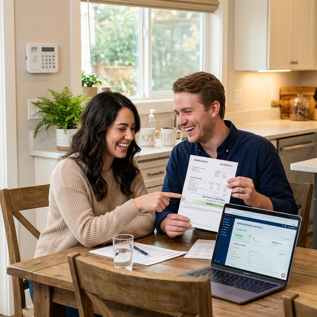 Happy couple reviewing insurance savings from home security system